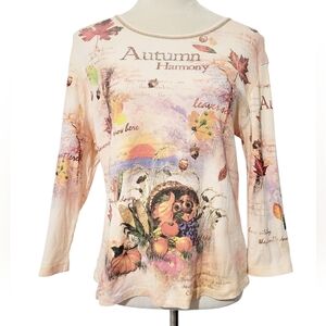 Christopher & Banks Autumn Harmony Graphic Top Women Large Made USA 100% Cotton